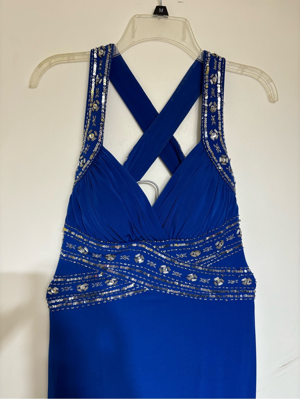 Adrianna Papell Royal Blue Beaded Crisscross Prom Dress